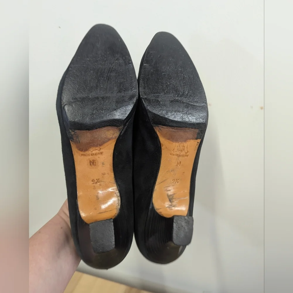 Vintage YSL Yves Saint Laurent Black Suede Shoes Low Heel Mink Pom Pom 9.5N 8